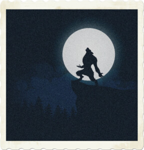 Picture of a werewolf on an outcropping howling in front of a full-moon.