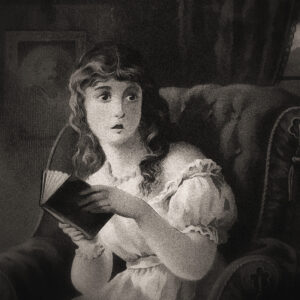 Picture of a Victorian-era girl, reading a book at night. Source Pixabay.com.