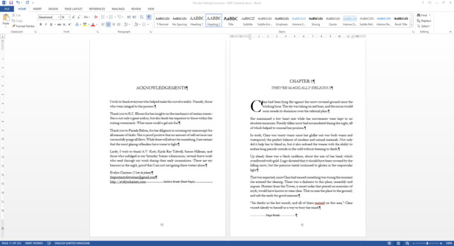 Print Layout showing Acknowledgements and Chapter 1 separated by a Page Break Next Page.