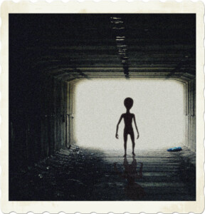Picture of what appeares to be an alien at the end of a long tunnel. Image by Paweł from Pixabay.