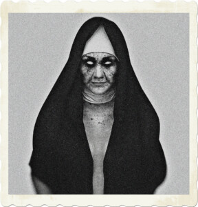 Picture of a nun, who appears to be dead, dry and cracked skin, eyes are white and vacant, and partially nude. Image by Hilary Clark from Pixabay.