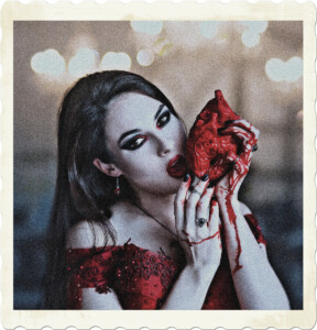 Image of a woman wearing a formal dress, feasting on a human heart.