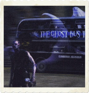 Picture of a ghoul in front of a ghost tour bus. Image by David Drummond from Pixabay.