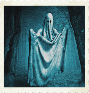 Picture of a ghost traveling through spooky woods at night using a white blanket fitted with eye holes. Image by kalhh from Pixabay.