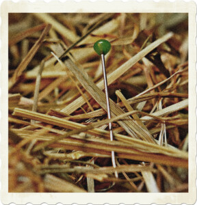 Picture focused on a needle with a green head, amongst a pile of hay. Image by NoName 13 from Pixabay.