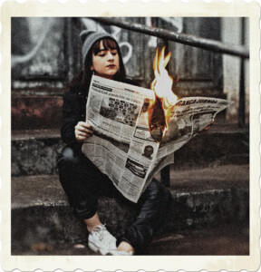 Picture of a woman sitting on the stairs, reading a newspaper while it's on fire. Image by Produtora Midtrack from Pexels.