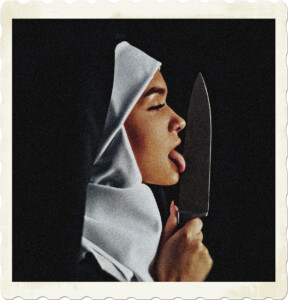 Picture of a woman licking a large knife from the non-cutting edge. Appears to be wearing a nun's habit, but could also be a hijab based on Pexels description. Image by Ivan Babydov from Pexels.