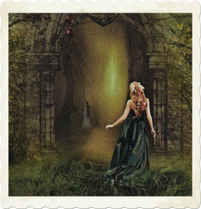 Picture of a woman in a dress looking through a doorway to another world. The opposit of her in dress and hair colour looks back. Image by Willgard Krause from Pixabay.