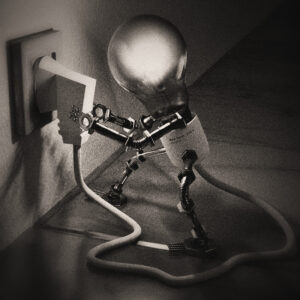 Picture of a humanoid light bulb pulling it's own plug out of the socket. Source Pixabay.com.