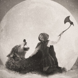 Picture of Little Red Riding Hood with an axe about to strike a death blow to a wolf. Source Pixabay.com.