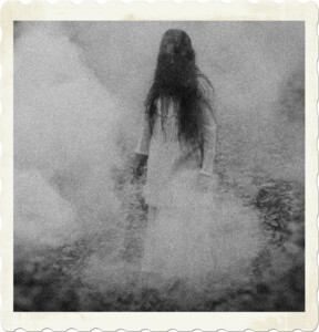 Picture of a woman wearing a long and flowing white dress and long back hair concealed by thick fog. Face is concealed and may be holding a sword.