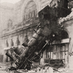 Picture of a train wreck, a train busting through the second flood of a building. Source Pixabay.com.