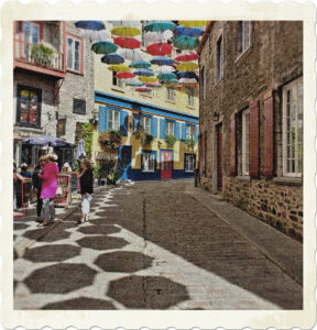 Picture of a cobbled road with umbrellas visible above and their shadows below.