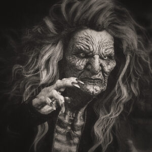 Picture of a wicked witch, featuring claws, thin hair, a dried skin. Source Pixabay.com.
