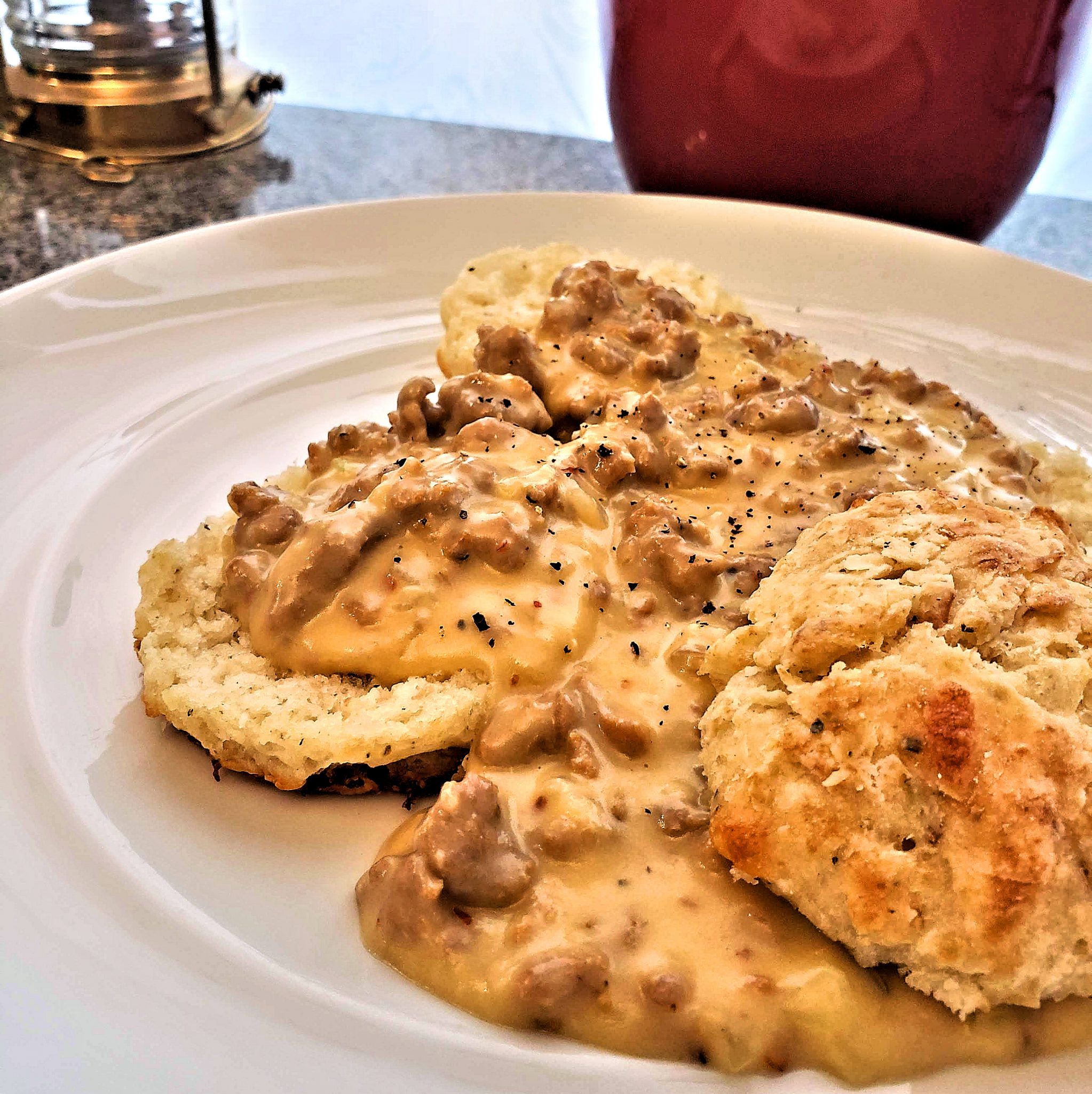 Smoked Cheddar Biscuits and Gravy by Evelyn Chartres
