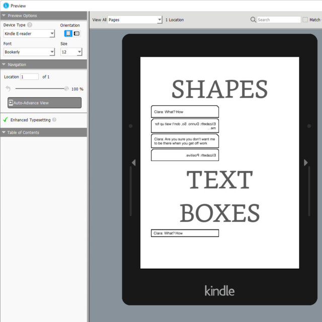 Screenshot of Kindle Create previewing the document using shapes and text boxes. Note the headers have increased in size, but the boxes have not.