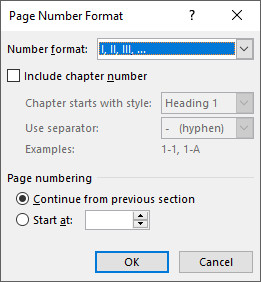 Page Number Format window continues from the previous section and changes the number format