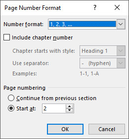 Page Number Format window with the page number starting at 2