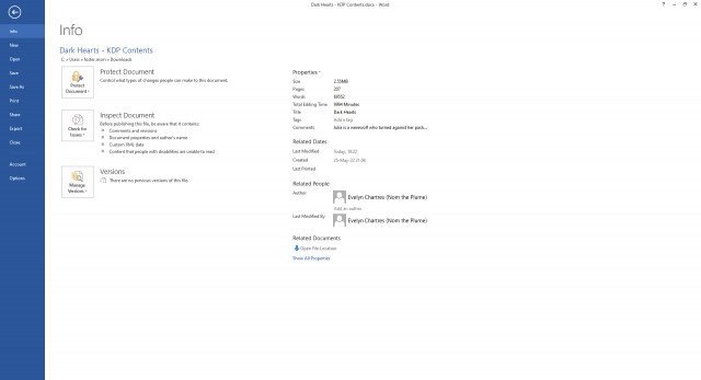 Screenshot of the File screen for the manuscript Dark Hearts by Evelyn Chartres