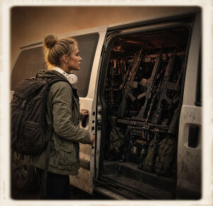 A young blonde woman with her hair in a high bun stands at the open side door of a white minivan, looking inside. She wears a green jacket, large dark backpack, and white over-ear headphones around her neck. The van’s interior is packed with an arsenal of rifles, firearms, and tactical gear mounted on racks. The background shows a barren field under rusty-orange light. The image has a soft polaroid-style border.