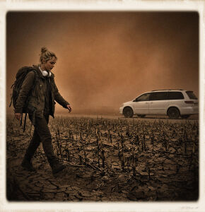 A young blonde woman with her hair in a bun walks through a cracked field of dead crop stalks under a thick rusty-orange fog. She wears a worn green jacket, dark pants, boots, a large backpack, and white over-ear headphones around her neck. She appears to be moving with a slight dance-like step toward a white minivan with tinted windows parked on a road at the edge of the field. The image has a soft polaroid-style border.
