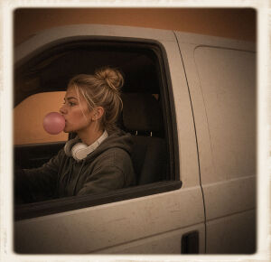 A young blonde woman with her hair in a messy bun sits in the driver’s seat of a white van, blowing a large pink bubble-gum bubble. She wears a dark hoodie and white over-ear headphones around her neck. The shot is framed through the open driver’s side window, with a soft polaroid-style border around the image.