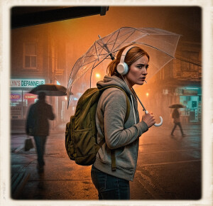A young blonde woman in a grey hoodie, backpack, and headphones stands on a wet, rainy city street under a clear umbrella, surrounded by the warm orange and cyan glow of streetlights and neon signs like "EVLYN'S DEPANNEUR." The shot is a grainy, vintage instant-film style with soft, atmospheric light and distant, silhouetted figures.