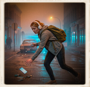 A young blonde woman wearing white over-ear headphones, a grey zip-up hoodie, and an olive-green backpack lunges forward mid-motion on a wet city street at night. Her face shows a look of sudden panic as her smartphone tumbles toward the pavement mid-air, surrounded by scattered contents from her pockets like cards, coins, and a small container. The street is shrouded in a heavy, atmospheric orange fog illuminated by a distant streetlamp, contrasted against a vibrant cyan glow emanating from storefront windows in the background. The shot has a filmic, analog texture with visible grain, soft edges, and organic color bleeding, enclosed within a square, cream-colored instant-film style border.