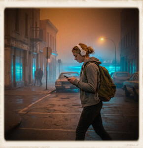 A young woman with blonde hair tied in a messy bun walks along a wet street at night, completely absorbed in her smartphone. She wears prominent white over-ear headphones, a grey zip-up hoodie, dark pants, and a worn olive-green canvas backpack. The scene is heavily shrouded in a thick, eerie orange fog that hangs in the air, while an intense cyan glow radiates from storefront windows and distant street corners in the background. Vintage cars sit parked along the damp asphalt. The image features heavy film grain, soft focus, and organic color bleeding, enclosed within a weathered instant-film border.