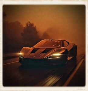 A photorealistic night scene of a sleek black near-future supercar speeding along a remote lonely highway through thick rusty-orange fog. A James Bond-style man in a dark suit and tie sits behind the wheel, focused and composed, as the car’s headlights cut weakly through the dense fog and the surrounding trees blur past.
