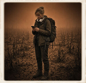 A young blonde woman with her hair in a bun stands alone in a vast cracked field of dead crop stalks under a thick rusty-orange fog. She wears a worn green jacket, dark pants, heavy boots, and a large backpack, with white over-ear headphones around her neck. She looks down at a smartphone held in both hands. The image has a soft polaroid-style border.