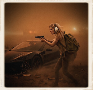 blonde woman in a crouched stance holds a handgun, wearing white over-ear hearing protection and a green backpack, in a hazy, sepia-toned environment. A damaged black sports car sits in the background amidst dust and debris.