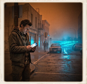 A man standing on a desolate street corner at night focuses intently on a lit smartphone screen, illuminating his face. Behind him, older model cars are parked along the curb, and two figures walk down the street toward an eerie, intensely glowing cyan light source in the distance. The entire scene is heavily shrouded in a warm, orange-hued fog, and the image is set in a grunge-style instant film border.
