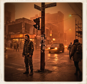 An image capturing a man in a military-style jacket and respirator standing on a street corner in a dystopian city, veiled in a dense, sepia-toned fog. Behind him, other figures in heavy gear walk past, blurred cars drive through the intersection, and scaffolding lines a building, with signs for "DANGER - AIR POLLUÉ" and specific street names like "ST-LAURENT" and "RACHEL" visible through the haze, giving the entire scene a desolate, polluted feel.