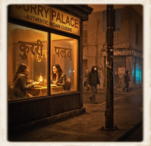 An image of two brunette women dining at a table lit by a small lamp inside a warm restaurant window. Outside on the dark, desolate street, masked figures in heavy jackets walk past weathered buildings under a dim, hazy night atmosphere with an eerie blue light glowing in the distance.