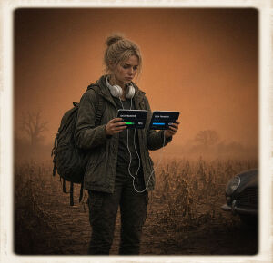 A young blonde woman with her hair in a high bun stands in a cracked, barren field of dead corn stalks under a thick rusty-orange fog. She wears a worn green jacket, dark cargo pants, and a large backpack, with white over-ear headphones around her neck. She holds two smartphones connected by white cables, both screens showing “DATA TRANSFER” progress bars (one at 78%). The front corner of a classic dark sports car is visible on the right edge of the frame.