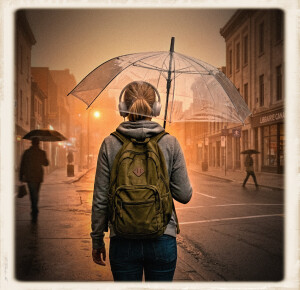 A vintage instant-film photograph capturing the back view of a woman walking down a foggy, wet city street at night in Old Montreal, Quebec. She has blonde hair tied back, is wearing grey headphones, a grey zip-up hoodie, dark jeans, and an olive-green canvas backpack, and is holding a clear, dome-shaped umbrella over her head. The atmospheric lighting creates a dramatic, pervasively orange fog, which diffuses the warm streetlamps and vehicle headlights. Storefronts with French signage like 'LIBRAIRIE CANA[DIENNE]' (Canadian Bookstore) are visible through the haze on the right. Distant, blurred figures of other pedestrians with umbrellas and an STM city bus are integrated into the foggy background. The heavy film grain, softened details, and organic color bleeding are enclosed within a textured cream-colored paper border.