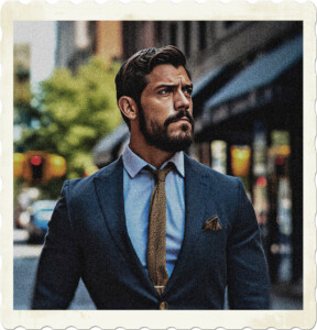 Picture fo a bearded man with dark hair and eyes, sunburned skin, and broad shoulders, wearing a suit and tie. Image by HANSUAN FABREGAS from Pixabay.