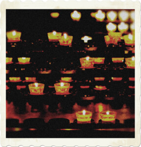 Pictures of church candles, some glowing brightly, others dying off. Image by Holger Schué from Pixabay.