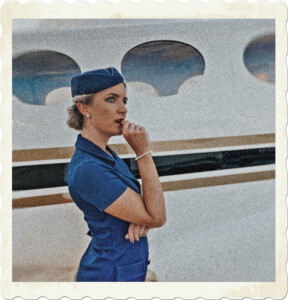 Picture of a blonde with short hair, pearl ear rings and bracelet. Waring a blue hat and matching shirt along with white pants. Appears to be a Flight Attendant standing outside of a small place. Image by Sabrina Schaller from Pexels.