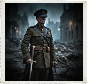 Faded color photograph of a stern British officer from the 1914–1918 period standing in the middle of a war-ravaged street. He wears a peaked cap, full military uniform with medals, and a greatcoat, while holding a drawn sword in one hand and a pistol in the other. Destroyed buildings and rubble surround him under a smoky, atmospheric sky. The image has a vintage, torn-edge photo border.