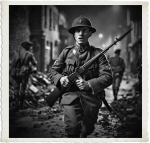 A tense British or Commonwealth soldier in a Brodie helmet charges forward through rubble-strewn ruins at night, gripping a rifle with bayonet affixed. His face shows determination amid the chaos of battle, with other troops visible in the smoky background. The image is presented in stark black and white with a vintage distressed photo border.