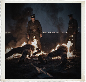 Faded color photograph of two British officers in 1914–1918 uniforms standing at night over two vampires engulfed in flames on the ground. Thick smoke rises into the dark sky as the figures burn brightly, casting dramatic light on the scene. The officers look down with serious expressions amid the grim, war-torn setting. The image has a vintage, torn-edge photo border.