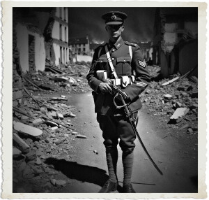 A British officer in 1915 khaki uniform stands alone in the middle of a bombed-out road at night, holding a drawn sabre and a Webley revolver. Ruined buildings and scattered rubble surround him as the fighting settles. Black-and-white period photograph.