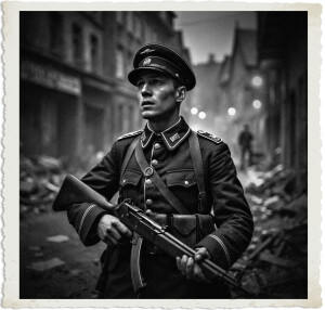 A young German soldier in a peaked cap stands amid the rubble of a devastated street at night, clutching a submachine gun while gazing upward with an expression of rising panic and alertness. The black-and-white image captures the tension of an ambush, with damaged buildings and distant figures fading into the smoky background, framed by a vintage distressed border.