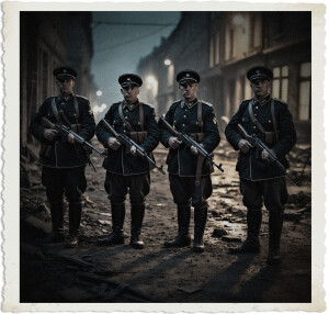 Four stern-faced soldiers in dark WWII-era German military uniforms and peaked caps stand in a line on a rubble-strewn street at night, rifles held ready. Behind them, damaged buildings loom under dim streetlights in a tense, atmospheric ambush scene. The image has a vintage, distressed photo border.