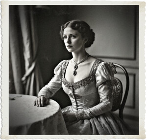 Black and white portrait of a poised woman in an elegant early 20th-century or Victorian-style gown with intricate beadwork and embroidery. She sits at a round table covered with a cloth, one hand resting on the surface, gazing off to the side with a serious, contemplative expression. Her hair is styled in an updo, and she wears an ornate necklace with a large pendant. The background features draped curtains and classical interior details. The image has a vintage, torn-edge photo border.