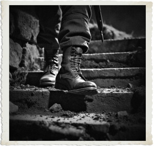 Black and white close-up photograph focusing on a soldier’s sturdy combat boots and lower legs as they climb rough stone or concrete steps covered in dirt and debris. The image captures the texture of the worn boots, fabric of the trousers, and the gritty, damaged environment. The low-angle perspective emphasizes movement and determination. The image has a vintage, torn-edge photo border.