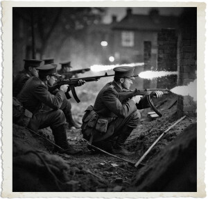 Three soldiers in peaked caps crouch in a rubble-filled trench or ruined street at night, firing submachine guns with bright muzzle flashes and sparks lighting up the scene. The black-and-white image captures the intensity of a group ambush, framed with a vintage distressed photo border.