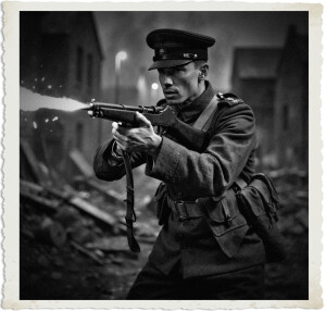 A British or Commonwealth officer in a peaked cap fires a submachine gun from the hip in a war-ravaged street at night, the muzzle erupting in a bright flash amid flying debris and sparks. His focused expression cuts through the chaos of battle. The dramatic black-and-white scene includes a vintage distressed photo border.